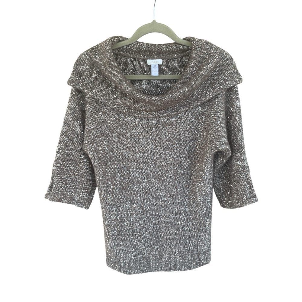 Chico’s Sweater Metallic Knit Cowl Neck  Size 0/ XS-S Women’s Brown Sequin Top